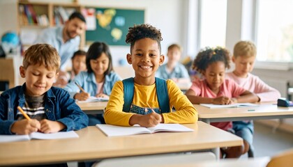 Diverse group of students studying while siting on their desk in class at elementary school.