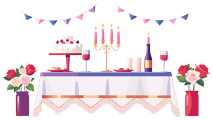 Festive table setting with cake, wine, candles, and flowers under a colorful banner decoration