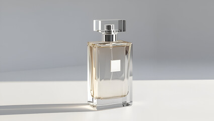 Clear rectangular perfume bottle with subtle shadow details on white background in minimalist style
