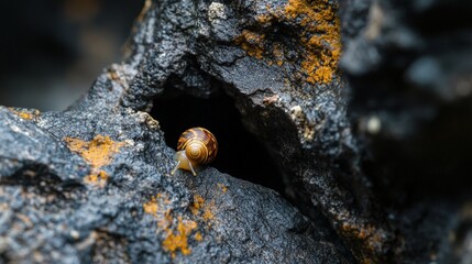 Small snail emerging from rocky crevice in nature