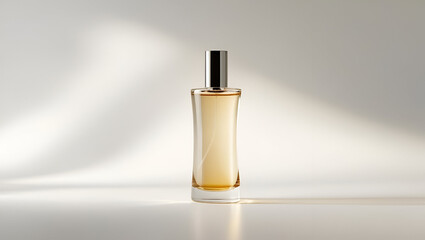 Minimalist perfume bottle with no label illuminated by soft light in clean and elegant modern style
