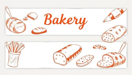 Vintage bakery banners featuring hand-drawn bread sketches; rustic, vector illustrations,  cafe,  retro