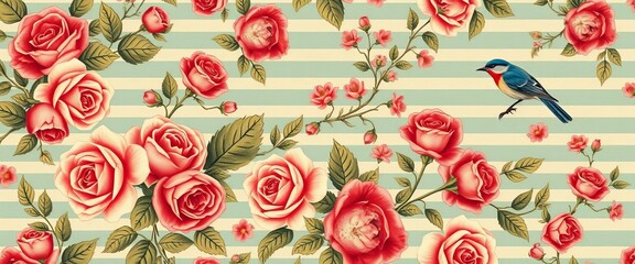 Vintage cottagecore bird & floral patchwork seamless pattern Roses, stripes, old paper texture,  illustration,  pastel