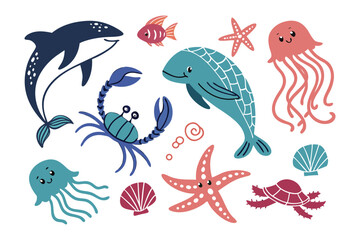 Marine Animals in the Deep: A collection of whimsical marine creatures, including a playful dolphin, friendly whale, smiling jellyfish, and charming crab.