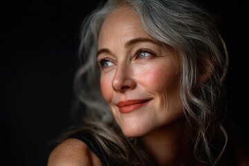 Naklejka premium Mature woman with gray hair smiling softly against dark backdrop. It illustrates wisdom, experience, and beauty, perfect for lifestyle ads.