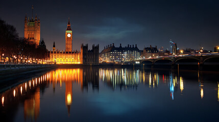 Obraz premium Night View of Westminster Palace and Big Ben in London, UK