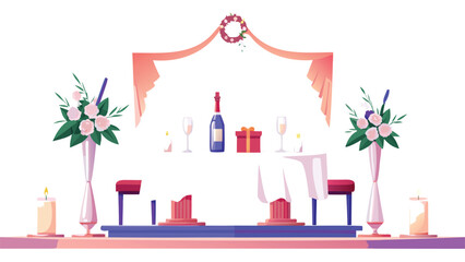 Illustration of a wedding table setup with flowers, champagne, and candles under a floral archway