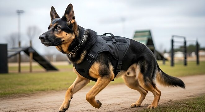 German shepherd dog in tactical harness and chain collar running on a training ground, good for concepts of dog training, loyalty, and protection