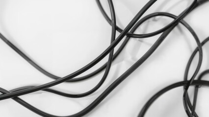 High-resolution photo of a black power cord against a white backdrop with full depth of field