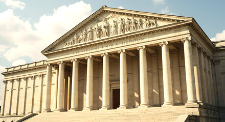 Obraz premium Majestic neoclassical building facade with grand columns and a triangular pediment showcasing classical architectural grandeur under a partly cloudy sky