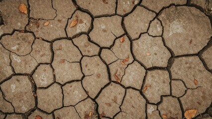 Obraz premium Dry, cracked terrain adorned with dust and fallen orange leaves forming a textured scene