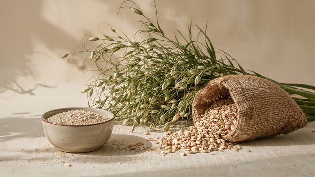 Traditional oat flour preparation with a grain pouch and oat plants displayed on a simple background