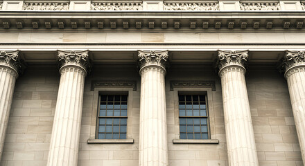 Majestic classical architecture featuring imposing corinthian columns and ornate detailing on a grand building facade