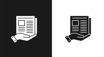A simple icon of a hand holding a newspaper, shown in both black and white versions.