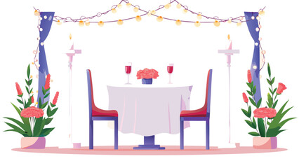 A romantic dinner setting with a table for two adorned with flowers and wine glasses under string lights