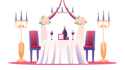 Illustration of a decorated wedding table with wine glasses and a bottle of wine and two chairs