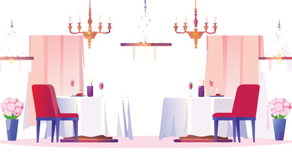 A restaurant scene featuring two tables set for dinner with chandeliers and pink curtains in the background