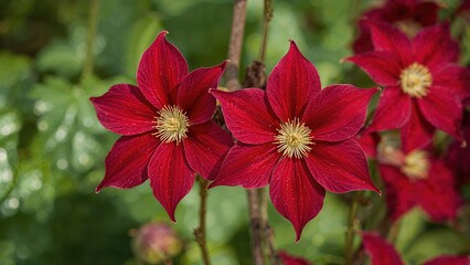 Iridescent dark red petals featuring bright yellow stamens against a natural backdrop