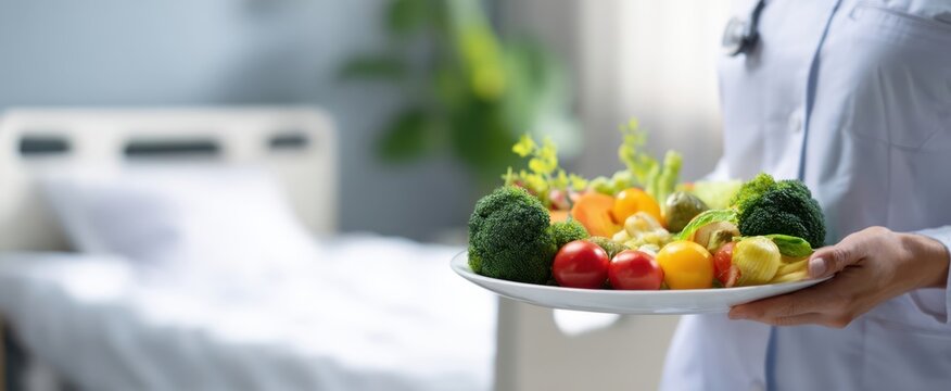 The nurse serving a healthy meal with fresh fruits and vegetables in a hospital room.