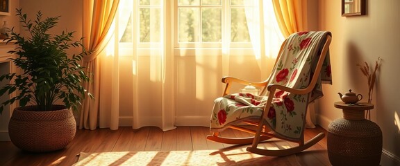 Soft golden light bathes a cozy corner; rocking chair draped in floral blanket, tea set on wooden table, shadow, home