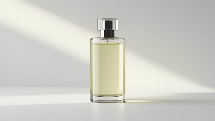 Minimalist bottle with visible liquid inside and no label placed on clean white background in sleek design
