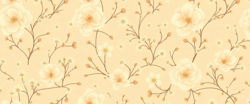 Fototapeta Subtle tan beige floral pattern, delicate cream blooms on seamless background,  tan,  subtle