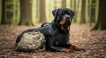 Rottweiler dog wearing tactical vest with military backpack in a forest, for themes of outdoor adventure, loyalty, and service