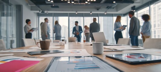 The modern office setting showcasing a collaborative business meeting with professionals.