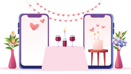 Virtual celebration with wine, cake, and hearts displayed on smartphones for a romantic occasion