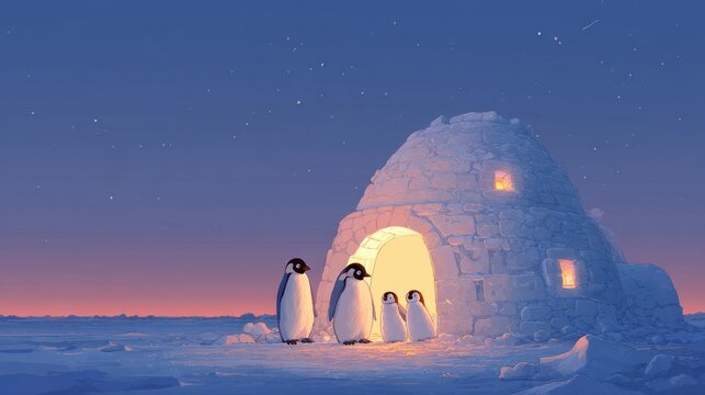 A cozy penguin family standing near a glowing igloo in the Arctic twilight
