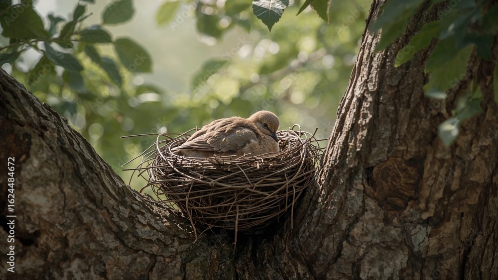 Poster close-up of a young dove with a red collar resting in a tree nest against a soft-focused natural bac