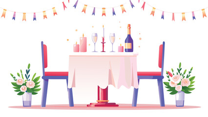 A romantic dinner setup with table, chairs, flowers, candles, champagne, and festive banner decoration