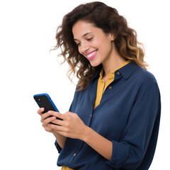 Fototapeta premium Happy Business Woman Holding Smartphone – Smiling Female with Curly Hair Using Mobile Phone, Social Media, Digital Communication, Isolated on Transparent Background, No Background See Less