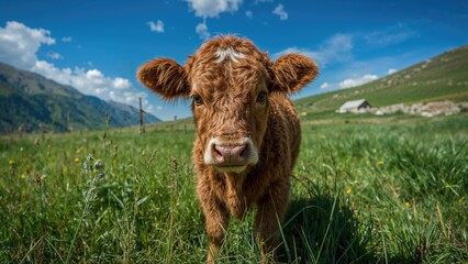 Little Bull Calf in a Mountain Meadow Facing the Camera