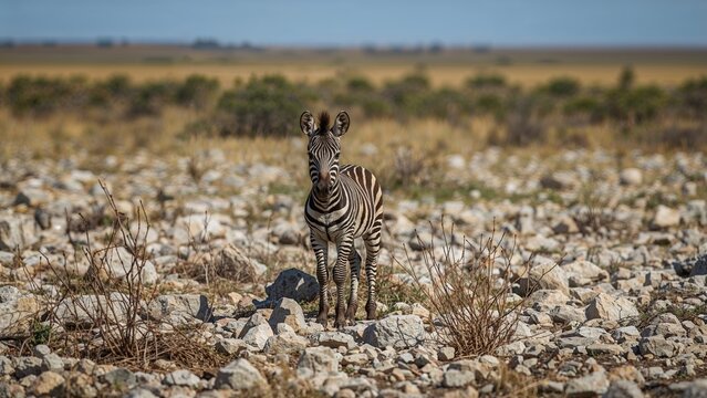 Young Zebra Foal Strolling Through Rocky Terrain Surrounded by Dry Shrubs