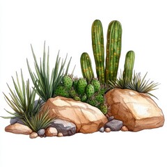 Desert Cactus and Rock Arrangement Illustration