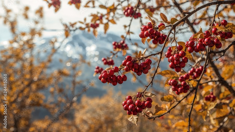 Poster wallpaper of red berries on a branch in fall with a soft focus backdrop