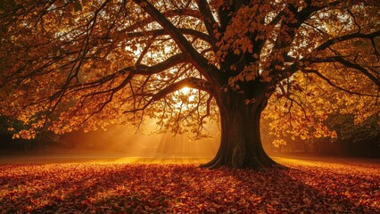 Autumn sunlight highlighting golden and red leaves on a Rowan tree