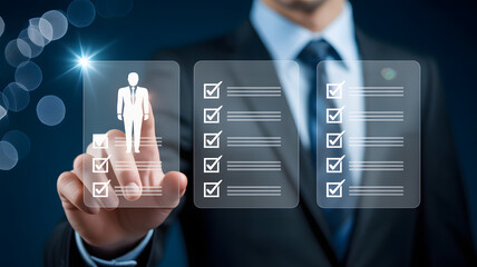 Businessman's finger selects candidate on interactive touchscreen checklist for hiring or evaluation