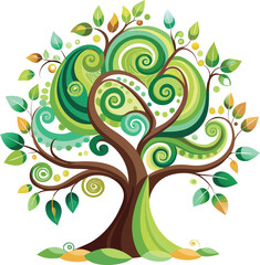 Whimsical swirling green tree of life with colorful leaves