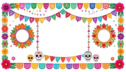 Vibrant festive skulls and papel picado banners celebrate Dia de Muertos traditions with colorful floral accents