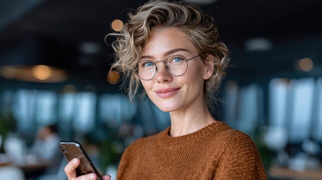 Smiling woman with curly hair, wearing glasses, holding smartphone indoor. Perfect for representing technology use, communication, or modern lifestyle.