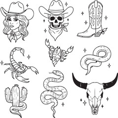 Western Tattoo Flash Sheet Featuring Cowboy Boot, Skull, Scorpion, Snake, Cactus, Woman in Cowboy Hat, and Bull Skull
