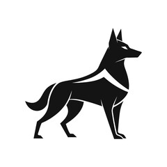 Minimalist black silhouette of a stylized dog or wolf, depicted in a standing profile with sharp, angular lines and subtle white accents, conveying a sense of power and elegance