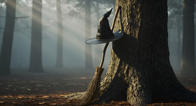 Enchanted forest stillness: Witch's hat and broom rests against ancient tree revealing light