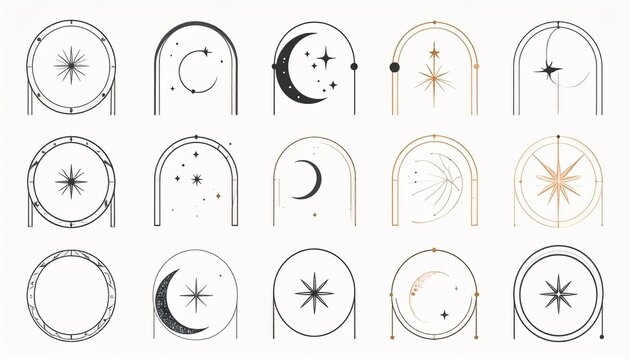 Discover celestial magic with modern boho arched logos featuring stars, moons, and compasses
