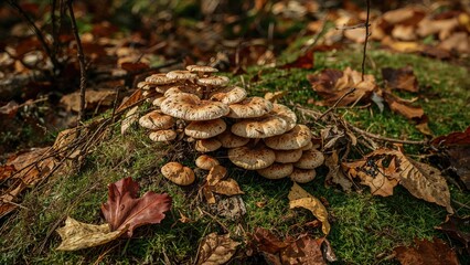Moody autumn mushrooms thriving in their natural habitat