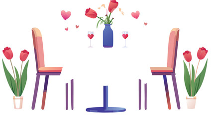 A romantic dinner setup with tulips in a vase, wine glasses, chairs and hearts on a white background