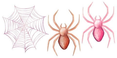 Watercolor clipart of Halloween-themed spiders and spiderwebs in pink tones