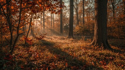 Naklejka premium Woodland in autumn showcasing berries, mushrooms, and radiant details